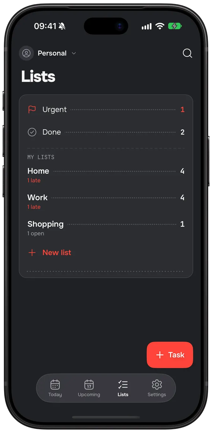 The Lists tab: Urgent and Done, then Home, Work and Shopping with how many are open or late.