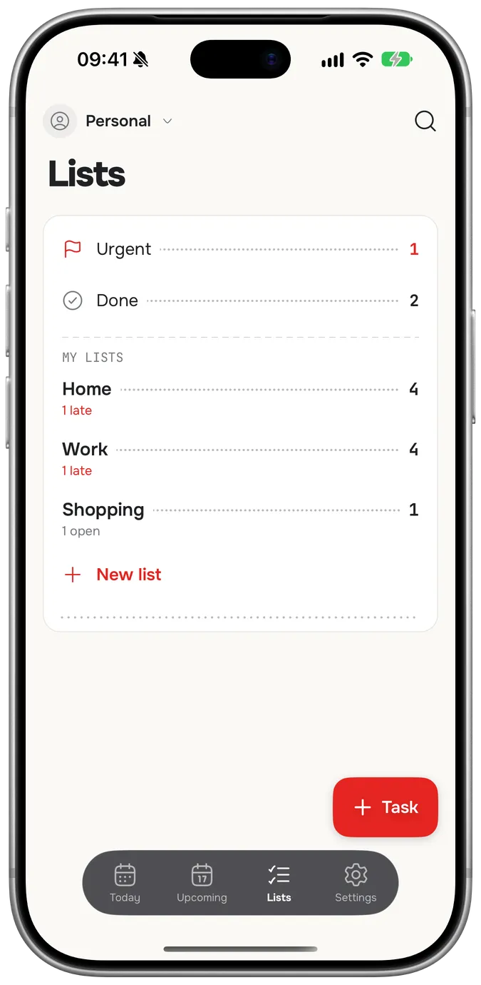 The Lists tab: Urgent and Done, then Home, Work and Shopping with how many are open or late.