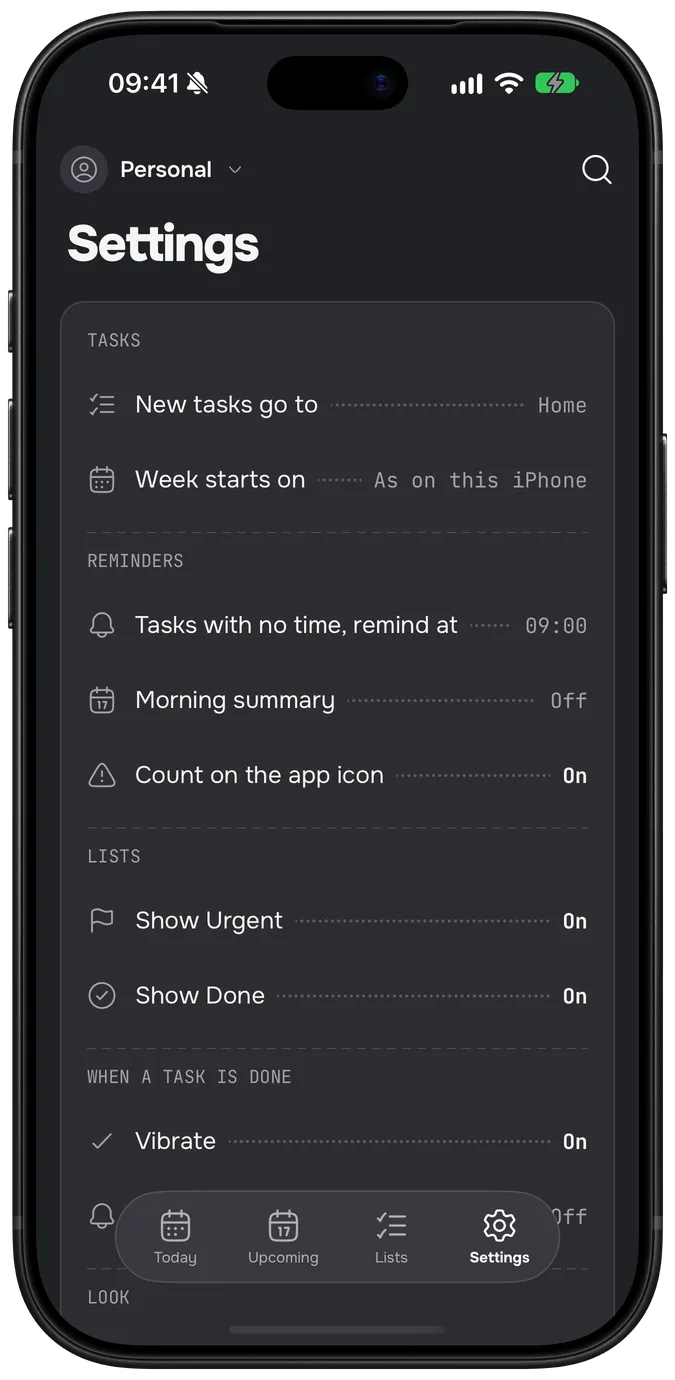 The Settings tab: where new tasks go, reminder times, the morning summary and what happens when a task is done.