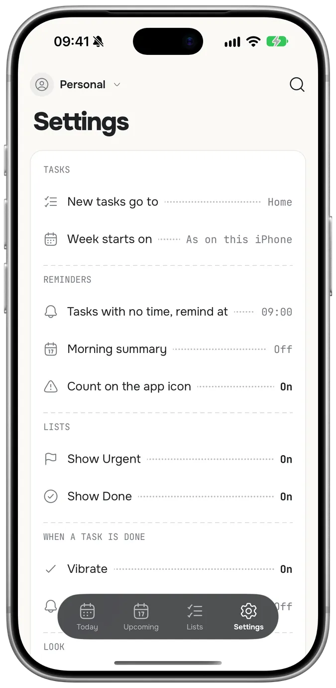 The Settings tab: where new tasks go, reminder times, the morning summary and what happens when a task is done.