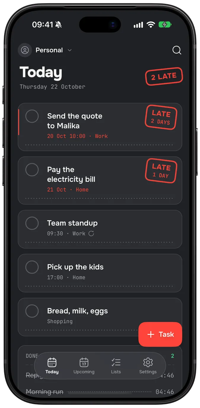 Chitly’s Today tab: two late tasks stamped LATE, then the standup, the school run and the shopping.