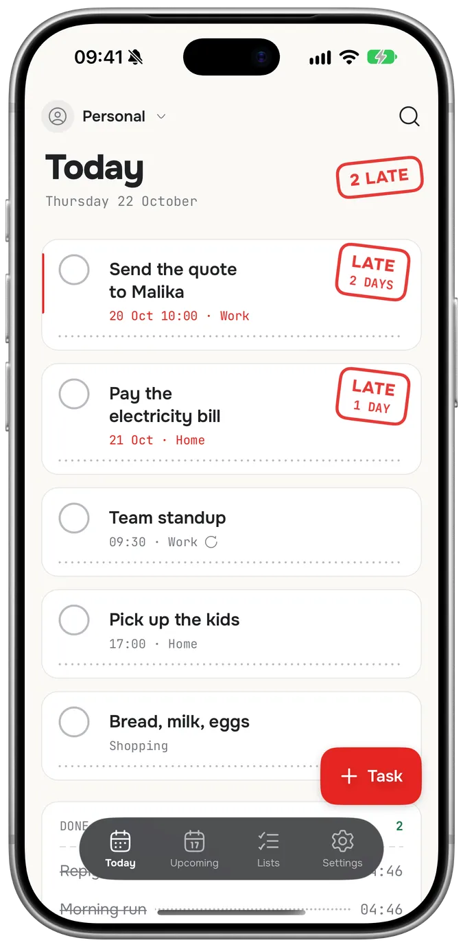 Chitly’s Today tab: two late tasks stamped LATE, then the standup, the school run and the shopping.