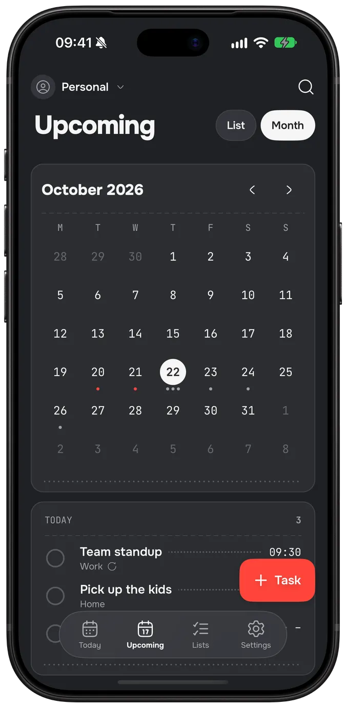 The Upcoming tab as a month: October with dots under the days that have tasks, today’s three below.