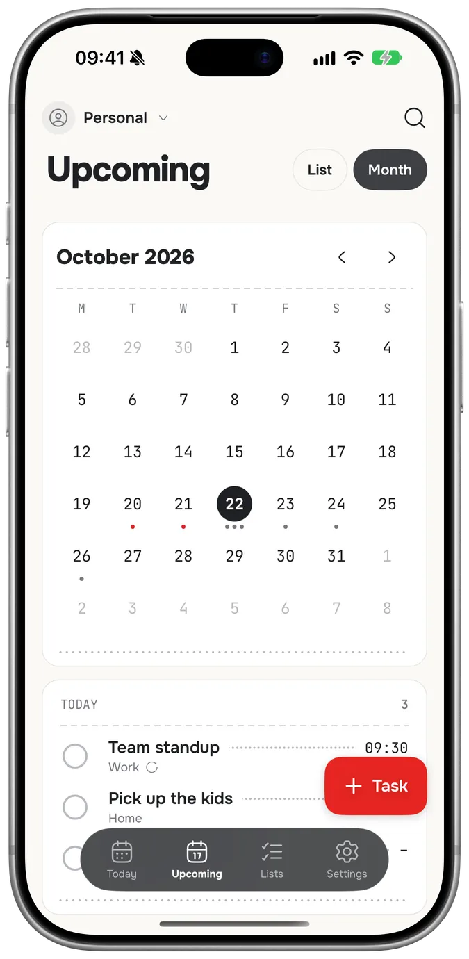 The Upcoming tab as a month: October with dots under the days that have tasks, today’s three below.